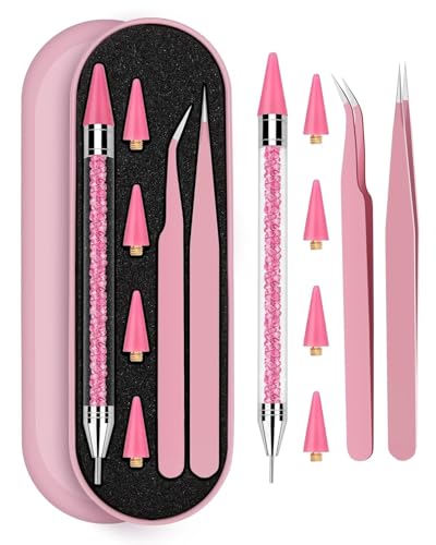 Rhinestone Picker Tool Set,Rhinestone Applicator Tool,Rhinestone Picker Dotting With 4 Extra Pink Replaceable Wax Head and 2 Tweezer (Pink A)