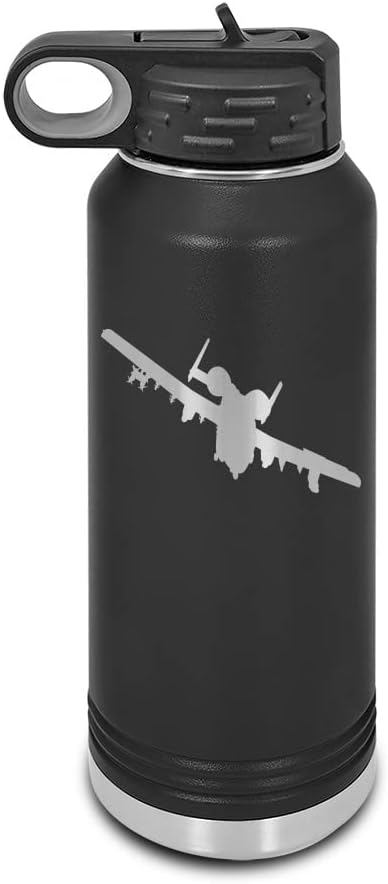 RDW A-10 Thunderbolt II Laser Engraved Water Bottle Customizable Polar Camel Stainless Steel with Straw - Warthog Hog CAS USAF A10 Black 32 oz