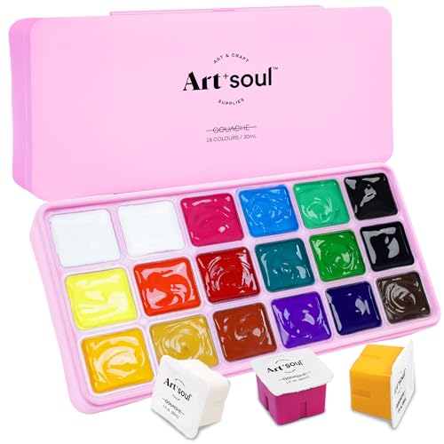 Art+soul Jelly Cup Gouache Paint 18 Colors x 30ml/Cup with Portable Case and Palette Non-toxic Odourless Vibrant Ideal for Beginners Students Teens and Artists (Pink)