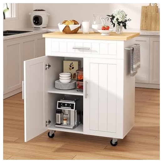 Shintenchi Kitchen Island cart with Storage, Portable Bar Cabinet on Wheels, Rolling Microwave Cart Side Table with Workstation for Kitchen, Dinning Room, White