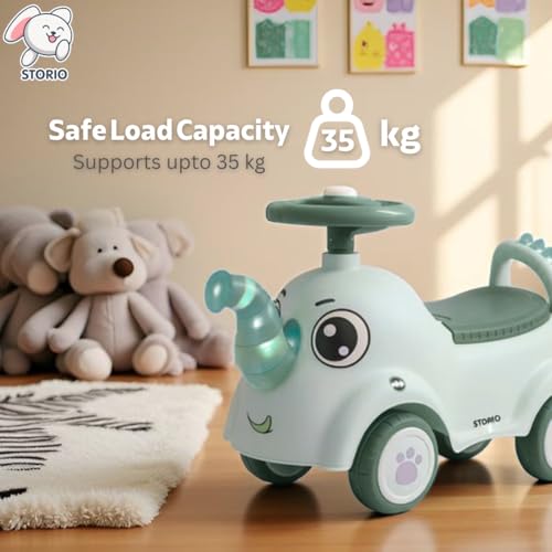 Image of Storio Elephant Baby Ride-On Car Toy with Light and Music - Green | Push Car for Kids with Backrest & Steering, 1-3 Years