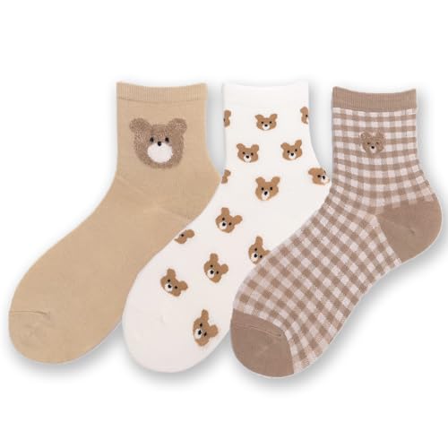 Women's Crew Socks Cute Bear Cat Floral Soft Fancy Socks Gifts for Women 3 Pairs
