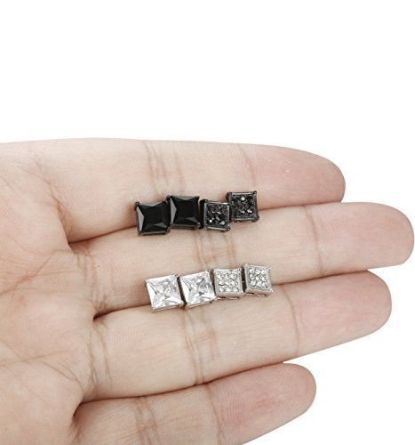 FIBO STEEL 4-8 Pairs Stainless Steel Stud Earrings for Men Women Square CZ Earrings,6-8MM4