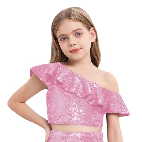 Girls One Shoulder Sequins Vest Sparkly Glitter Tank Crop Top Kids Performance Dance Cami3