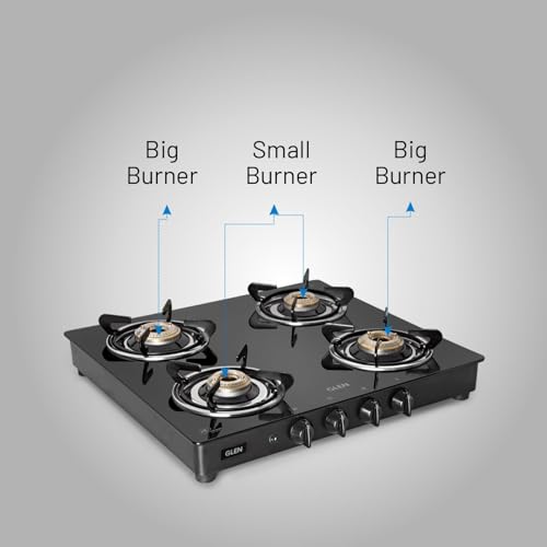 Glen Apex 4 Burner LPG Gas Stove | 6mm Toughened Glass Top | Brass Burners | Auto Ignition | ISI Certified | Drip Trays | Revolving Inlet Nozzle | 2-Year Warranty | CT4B55BLBBAI (Black)
