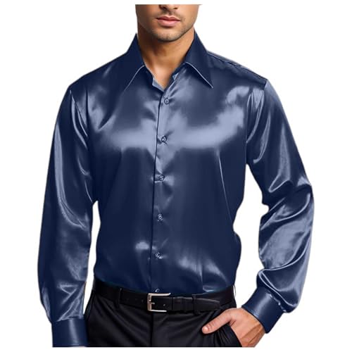 Dasongff Camisas de raso brillante para hombres de manga larga casual camisas abotonadas años 70 traje disco ajuste camisa de raso similar a seda fiesta de negocios barata, azul marino, XXL