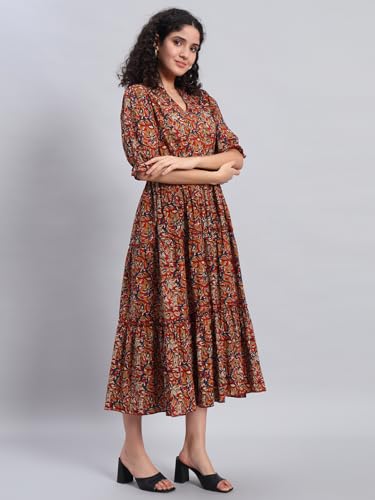 Image of PIDAVLIYA'S Women's Floral Summer Maxi Dress I Cotton Printed I One Piece Bodycon Midi Dress with V-Neck, Puffed Sleeves