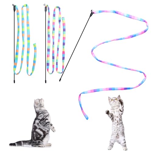 Image of Cat Wand Toys Interactive Kitten Toys-3 Packs | Cat Teaser Wand String feather for Indoor Colorful ribbon wands Stick Toy Cat Charmer