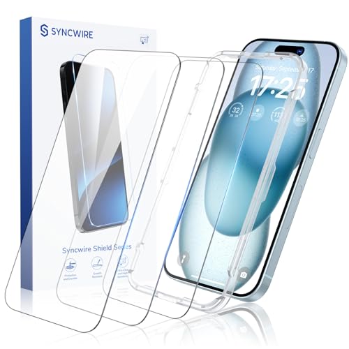 SYNCWIRE Screen Protector for iPhone 15, Shatterproof Tempered Glass [Easy Installation Frame] [9H Hardness] [99.99% HD Clear] [Case Friendly] [Bubble Free] for Apple iPhone 6.1 inch, 3 Pack