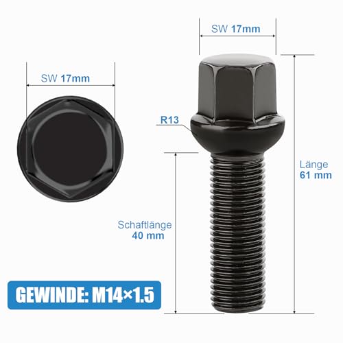 20 Verlängerte Radschrauben Radbolzen für Spurverbreiterungen I M14x1,5x40mm I Kugelbund SW 17mm I Kompatibel mitdie meisten Audi Volkswagen (Schwarz)