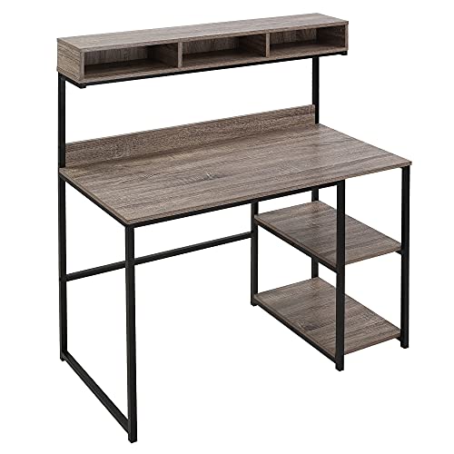 HOMCOM Bureau Informatique Style Industriel - dim. 107L x 51l x 125H cm - 3 niches, 2 étagères - châssis métal Noir Plateau Aspect Bois Gris