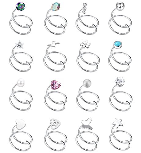 FASACCO 16Pcs Double Nose Ring Hoop for Single Piercing 20 Gauge Stainless Steel Nose Hoop Spiral Star Pearl CZ Butterfly Twist Nose Ring Hoops Double Hoop Earrings for Women