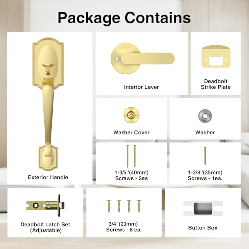 Image of Front Door Handle, Gold Exterior Door Handle with Passage Lever, Vintage Front Entry Door Handle No Lock, Reversible for Left & Right Handed Doors, Lower Half Grip, Satin Brass