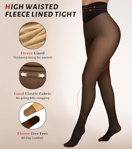 ciksob Fleece Lined Tights Women Winter Thermal Leggings Pantyhose Fake Translucent Hight Waist Thick Warm Sheer Stockings (Medium, Light Black) - image 3