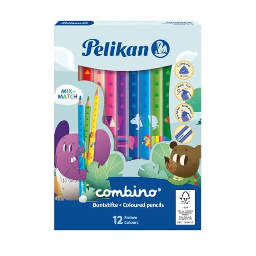 Pelikan Jumbo Buntstifte combino, dreieckig, dick, mit Tier-Motiven, 12 Stück
