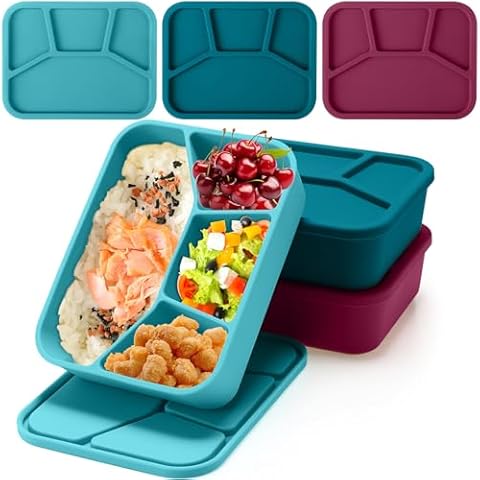 FoldTier 3 Pcs Silicone Bento Box Multicolor 4 Compartment Lunch Container Reusable Silicone Meal Prep Container for Adult(Gradients Series) Cover