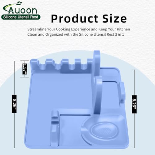 Image of Auoon Silicone Spoon Rest with Lid Holder - 3 in 1 Kitchen Utensil Rest for Soup Ladles, Pot Lids, Spatulas, Spoons, Tongs, BPA Free & Dishwasher Safe, 8.26 x 8.06 Inch (Blue Velvet, Large)