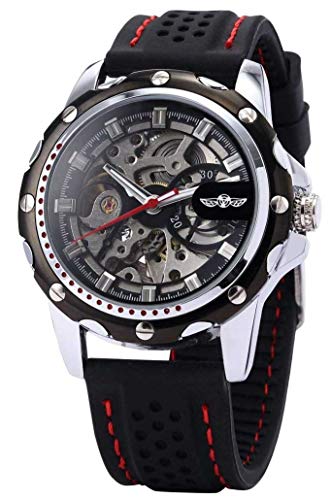 Gosasa Men's Wrist Watch Classic Steampunk Skeleton Automatic Watch Self-Wind Sport Mechanical Silicone Band (Black Face) #TOP28
