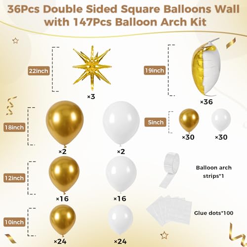 Image of 36pcs White and Gold Square Foil Balloons Wall Backdrop with 147pcs Balloon Garland Arch Kit, Double Sided Balloons for Wedding Engagements Birthday Bridal Shower Anniversary Party Decorations