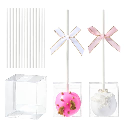 JCXGRVC 50 Pack Clear Cake Pop Boxes 1.75x1.75x2in with Pre Cut Hole & Paper Sticks | Ready to Use Treat Favor Boxes for Weddings Birthdays & Perfect for Cake Pops Truffles & More