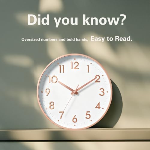 Image of Mosewa Wall Clock 12 Inch, Battery Operated Silent Non-Ticking Modern Analog Clock Decorative for Kitchen, Bedroom, Office, Living Room(Rose Gold)