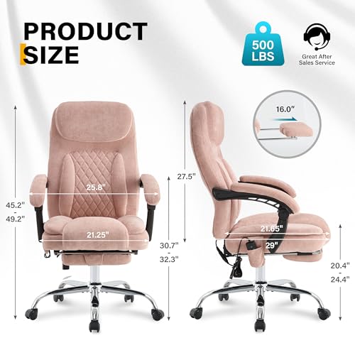 Image of 6-Point Massage Office Chair with Heated, Ergonomic Office Chair with Footrest & 45Reclining High Back, Big and Tall Executive Office Chair 500LBS, Thick Cushion Desk Chair for Home Office, Pink