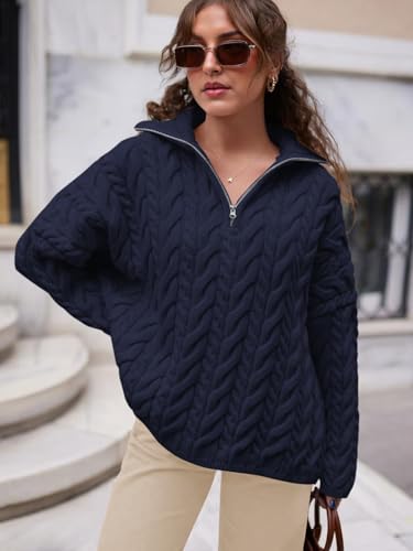 PRETTYGARDEN Womens Fall Sweaters 2025 Long Sleeve Quarter Zip Pullover Sweater Casual Loose V Neck Cable Knit Jumper Tops2