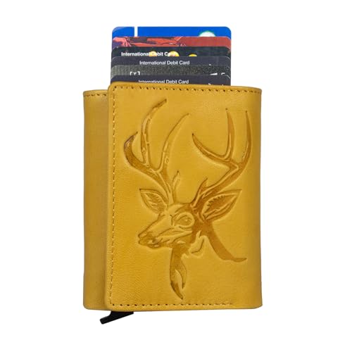 Image of Men's Genuine Leather RFID Wallet | Premium Slim Red Wallet for Men with Deer 3D Print | 8 Card Slots Secure and Durable | Casual Stylish | Formal & Gifting Use, Yellow and Silver