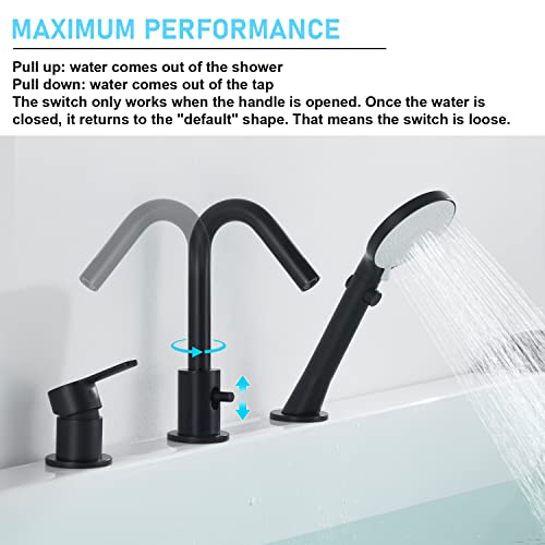 CREA Grifo de bañera Roman Tub en negro, juego de 3 agujeros con ducha de mano y desviador, montaje en cubierta para baño miniatura 3