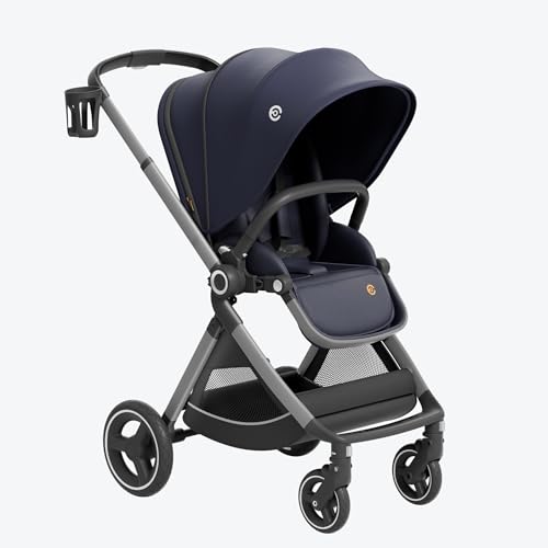 ELITTLE EMU Full-Size Foldable Baby Stroller Full Recline Cockpit Compact Toddler Stroller with Reversible Seat All-Terrain Newborn Infant Pram Carriage for City Outdoor - Dark Blue