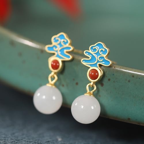 Boucles d'oreilles en jade de Hetian et agate rouge avec émail fait main - 3