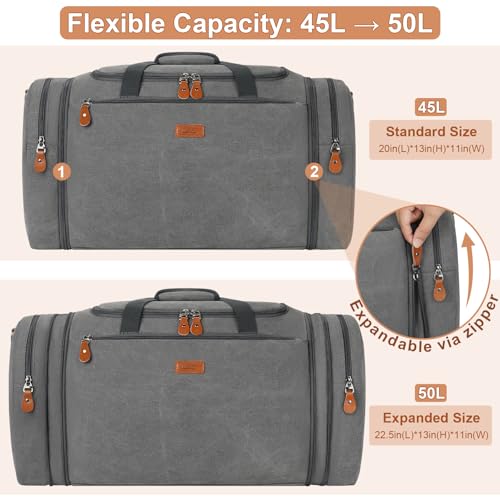 Image of Canvas Mens Duffle Bag for Travel - Expandable 50L Weekender Bags with Toiletry Bag, Overnight Bag Travel Duffel Carry On Luggage with Removable Shoulder Strap, Durable & Water-Resistant
