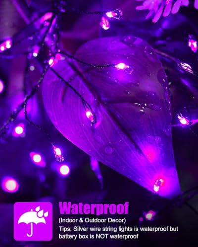 Image of Brightown Halloween Fairy Lights Battery Operated,10 Feet 120LED Firecracker String Lights Waterproof Silver Wire Firefly Light for Bedroom Home Haunted House Indoor Outdoor Holiday Decorations,Purple