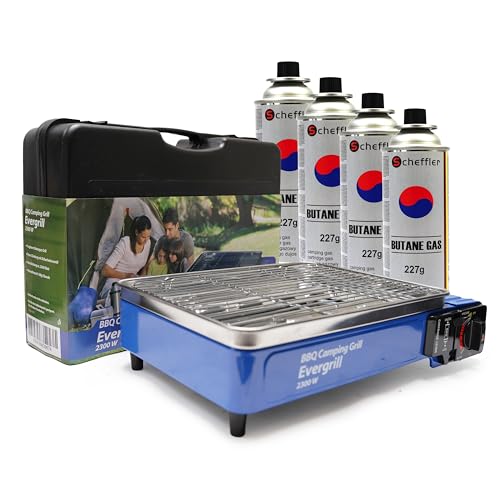 Barbecue à gaz butane Camping Grill Evergrill avec 4 bouteilles de gaz - Barbecue à gaz - Cuisine de camping - Grill de table - Barbecue de table