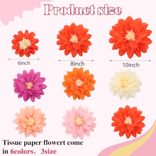 Image of Geyee 18 Pcs Mexican Paper Flowers Colorful Fiesta Tissue Paper Flowers Pom Poms Mexican Carnival for Floral Party Backdrop Wedding Birthday Party Craft (Pink Orange Series,6 inch 8 inch 10 inch)