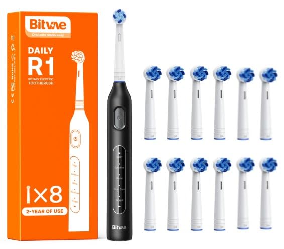 Bitvae R1 Rotating Electric Toothbrush Black with 13 Ultimate Clean Replacement Brush Heads