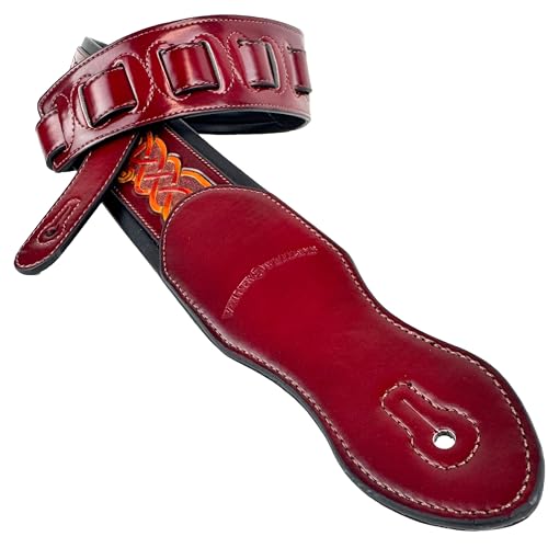 Walker And Williams KB-09 Whiskey Red Strap Body With Sunburst Celtic Knot Full Grain Carving Leather Padded Guitar Strap For Acoustic, Electric, And Bass Guitars