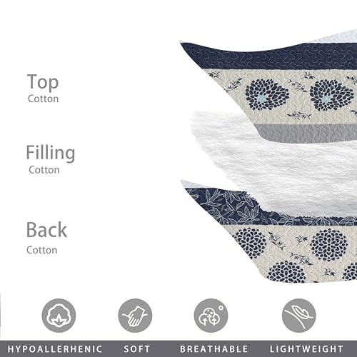 Homzard Quilt King Size-Comforter King Quilt Bedding Set,Navy Blue Beige Grey All Cotton Quilted Bedspread,Striped Floral Pattern Bedding Set,Lightweight Reversible 3 Piece,All Seasons