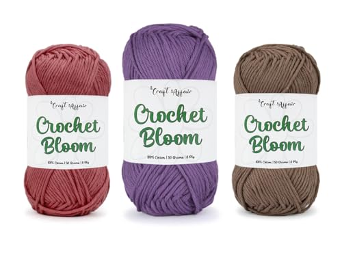 Image of Craft Affair | Crochet Bloom Cotton Yarn 8ply (Each Color 2mm, 77Meter, 50Gram) 100% Pure Cotton | for Knitting Yarn | Craft & DIY Project: Rosewood, Iris, Stone