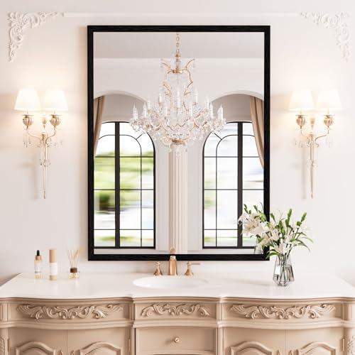 Image of WEER Black Bathroom Mirror, 70x90cm Faux Wood Frame Rectangular Wall Mirror