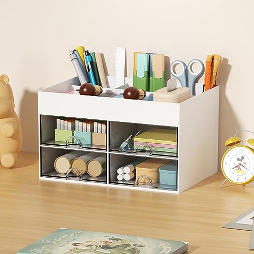 Marbrasse Desk Organiser with Drawers,Multifunctional Pen Holder,4 Compartments and 4 Drawers,Office Organiser Desk and Accessories(White)