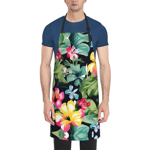 VPPUR ハワイアンフラワープリントプリント 28x33インチ 作業用エプロン 防水 大人用ポケットエプロン スタイリッシュ 機能的なペインティングエプロン, ブラック, One Size
