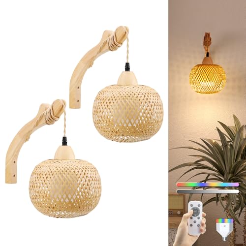 Image of NIORSUN Boho Battery Operated Wall Sconce,Wireless Rechargeable Battery Wall Sconce with Vintage Woven Design for Bedroom,Dimmable Wall Sconces with 3 CCT and 6 RGB Solid Color,Timer,Easy Install