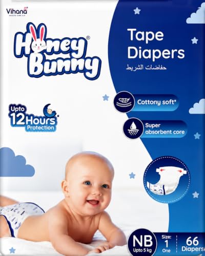 Image of Honey Bunny Tape Diaper for Baby | NB Size | 66 Pack | Ultra thin | Cottony Super Soft | Super Fast Absorption | 0-5 Kg