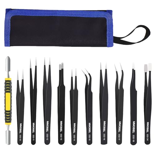 Pinzas de Precisión por MMOBIEL [11 Piezas] - Acero Inoxidable Antiestático Industrial para Herramientas Electrónicas, Joyería, Trabajos de Laboratorio, Manualidades y Hobbies etc. - Incluye Estuche
