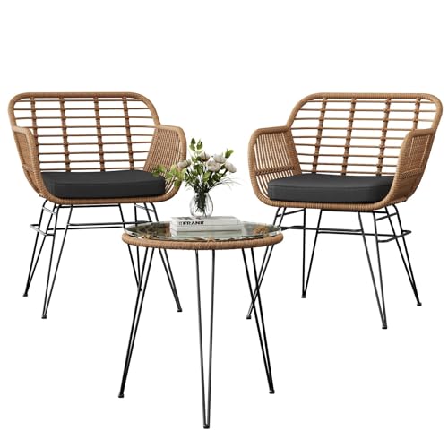 Garvee Ensemble Bistro de Jardin 3 pièces – Mobilier supplémentaireérieur en rotin Naturel, 2 chaises avec Coussins Noirs et 1 Table, Lounge Compact et résistant aux intempéries – Rotin Jaune