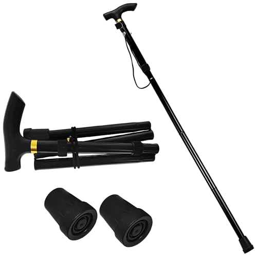WALKING DADDY®. Bastón Plegable para Mayores + 2 Tapones Antideslizantes | Bastón Extensible Portátil Tapones Antideslizantes, Ideal para Caminar y Andar (Negro)
