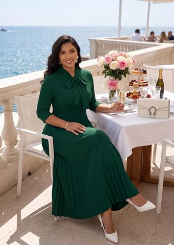Image of FANDEE Maxi Dress for Women Formal 3 /4 Sleeve Pleated Empire Long Dress Semi Formal Tie Neck Office Work Dresses