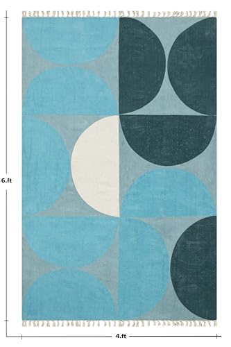Tapis Kilim en coton imprimé géométrique bleu et vert doux et durable - 4