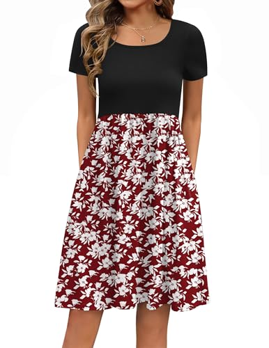 Zeagoo Damen Sommerkleid Elegant Kleider Kurzarm Rundhals Blusenkleid A-Linie Blumenkleid Casual Tunika Kleid Hohe Taille Strandkleid mit Taschen...